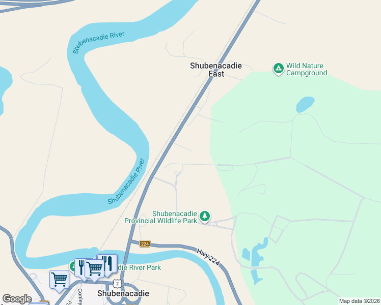 map of restaurants, bars, coffee shops, grocery stores, and more near 21077 Nova Scotia 2 in Shubenacadie