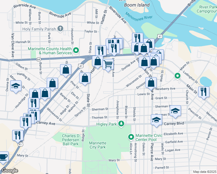 map of restaurants, bars, coffee shops, grocery stores, and more near 905 Madison Avenue in Marinette