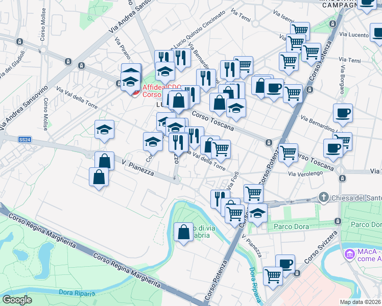 map of restaurants, bars, coffee shops, grocery stores, and more near 2-6 Via Muzzano in Turin