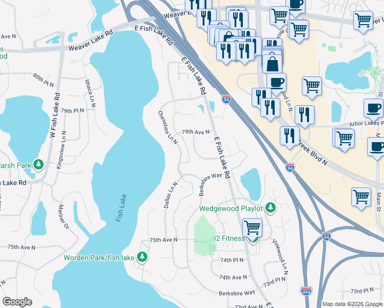 map of restaurants, bars, coffee shops, grocery stores, and more near 7822 Chesshire Lane North in Maple Grove