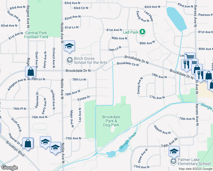 map of restaurants, bars, coffee shops, grocery stores, and more near 4116 78th Avenue North in Minneapolis