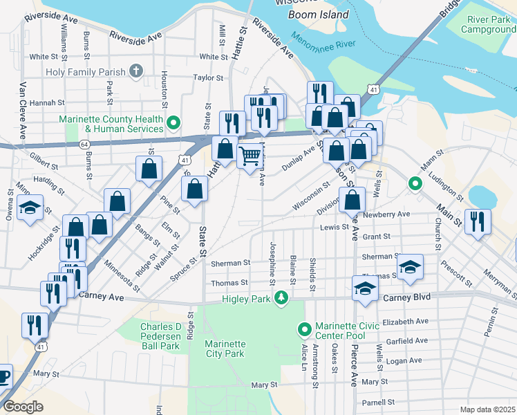 map of restaurants, bars, coffee shops, grocery stores, and more near 907 Madison Avenue in Marinette