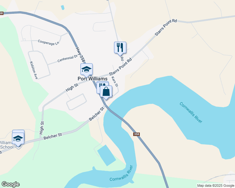 map of restaurants, bars, coffee shops, grocery stores, and more near 1116 Kars Street in Port Williams