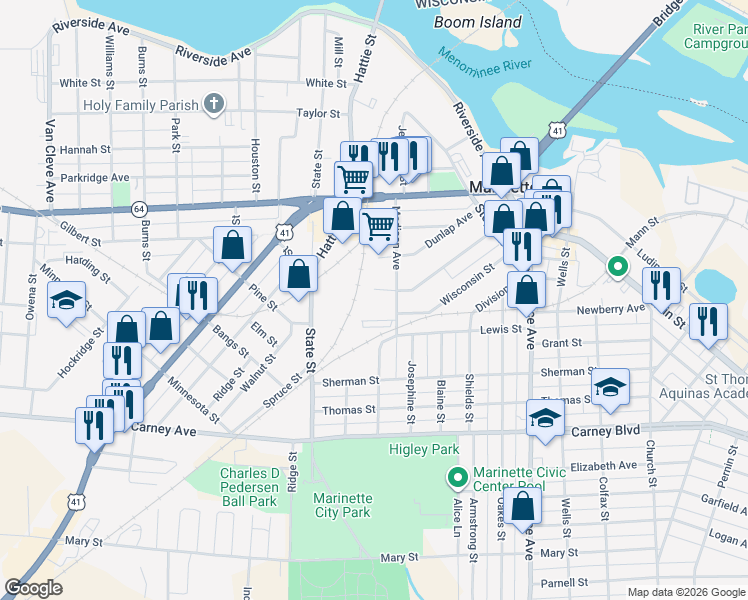 map of restaurants, bars, coffee shops, grocery stores, and more near 905 Madison Avenue in Marinette