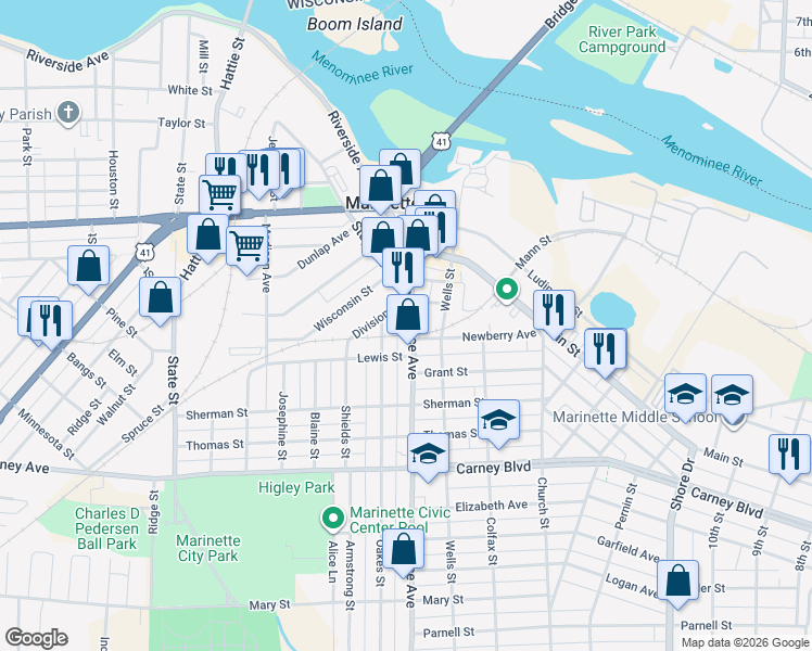 map of restaurants, bars, coffee shops, grocery stores, and more near 901 Pierce Avenue in Marinette
