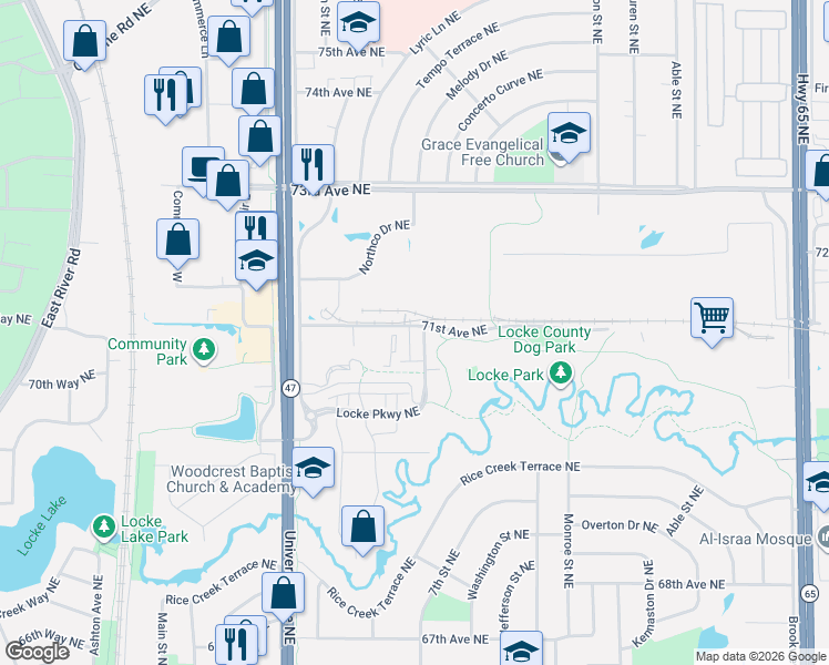 map of restaurants, bars, coffee shops, grocery stores, and more near 400 71st Avenue Northeast in Fridley