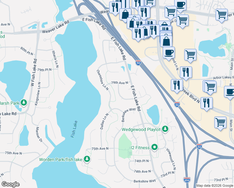 map of restaurants, bars, coffee shops, grocery stores, and more near 7822 Chesshire Lane North in Maple Grove