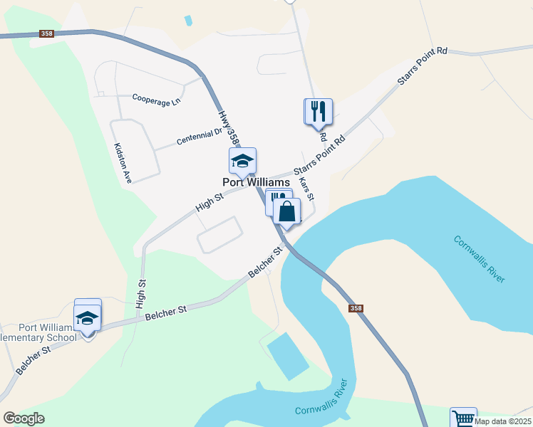 map of restaurants, bars, coffee shops, grocery stores, and more near 993 Nova Scotia 358 in Port Williams