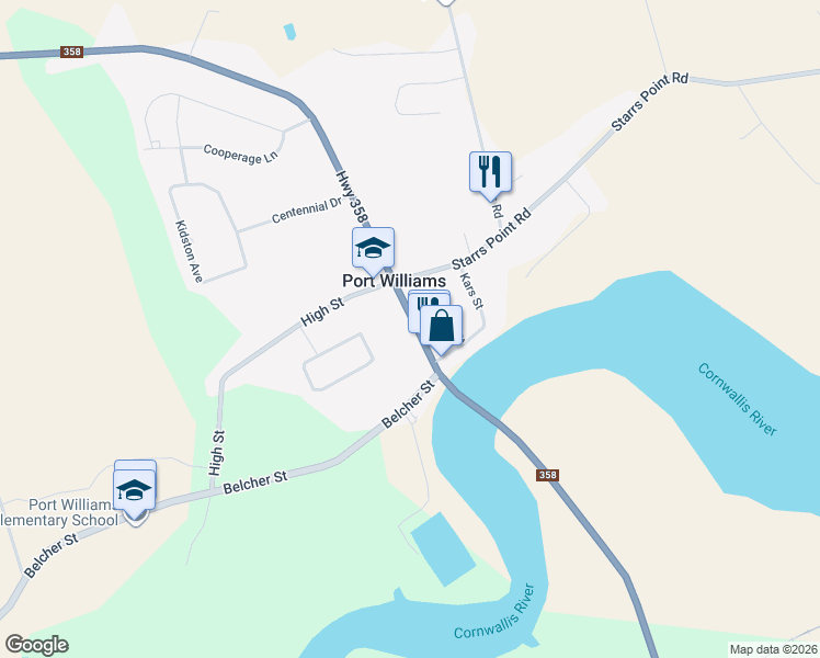 map of restaurants, bars, coffee shops, grocery stores, and more near 993 Nova Scotia 358 in Port Williams