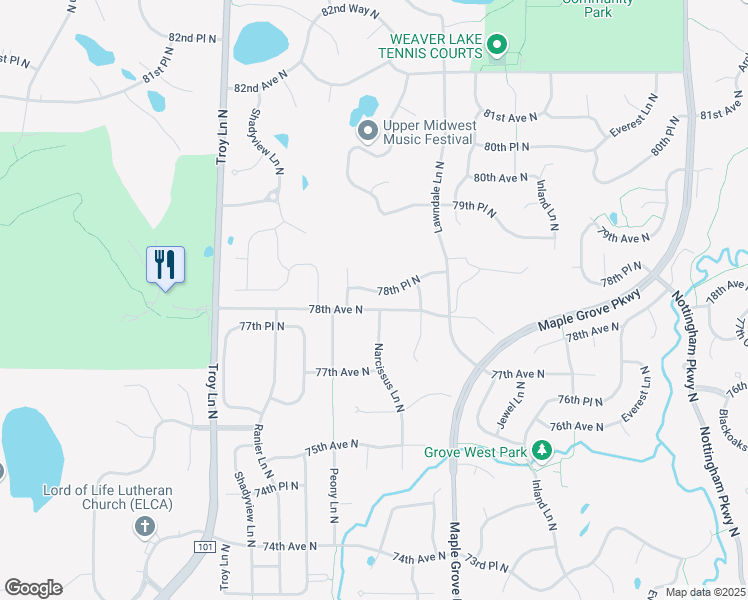 map of restaurants, bars, coffee shops, grocery stores, and more near 17751 78th Place North in Osseo