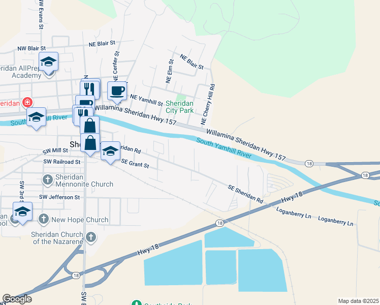 map of restaurants, bars, coffee shops, grocery stores, and more near 210 Southeast Riverside Drive in Sheridan