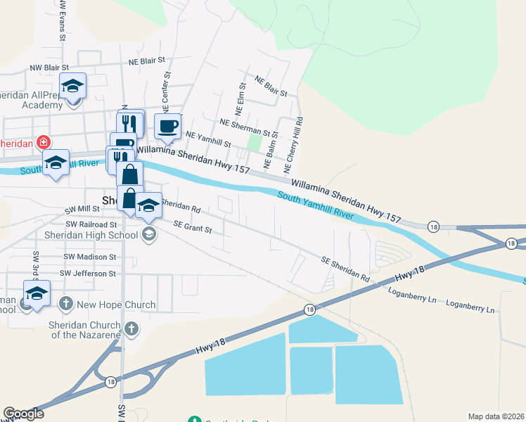 map of restaurants, bars, coffee shops, grocery stores, and more near 200 Southeast Riverside Drive in Sheridan