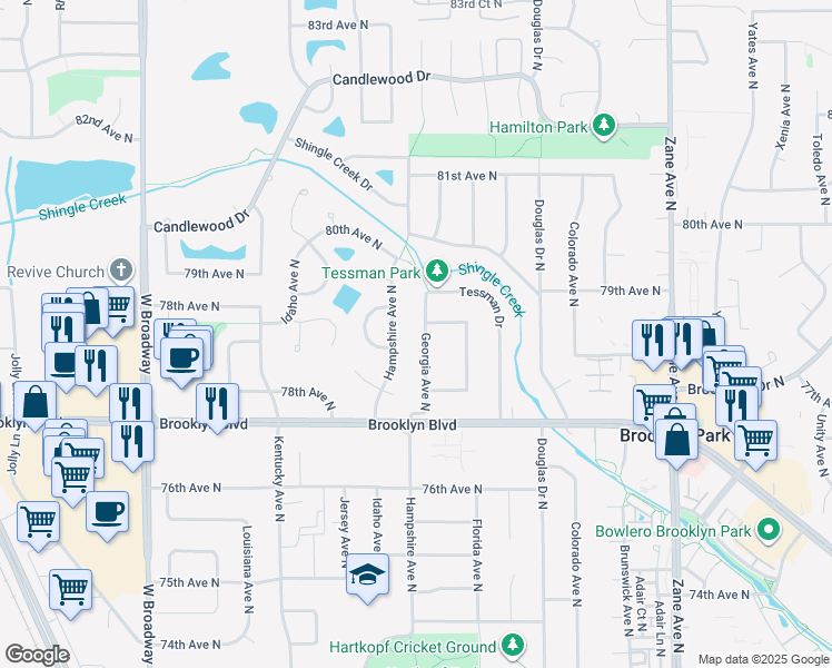 map of restaurants, bars, coffee shops, grocery stores, and more near 7833 Georgia Avenue North in Minneapolis