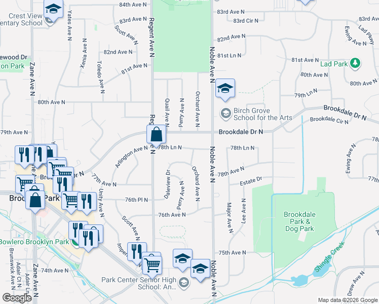 map of restaurants, bars, coffee shops, grocery stores, and more near 4824 78th Lane North in Brooklyn Park