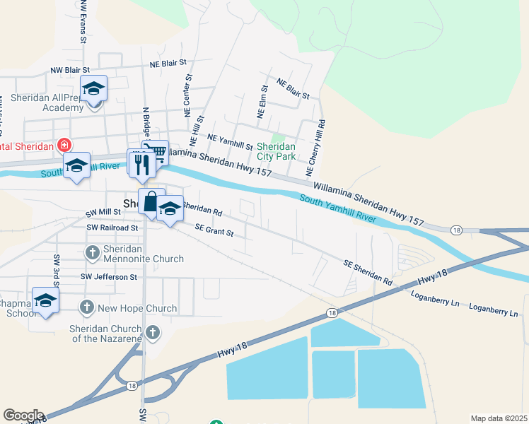 map of restaurants, bars, coffee shops, grocery stores, and more near 503 Southeast Sheridan Road in Sheridan