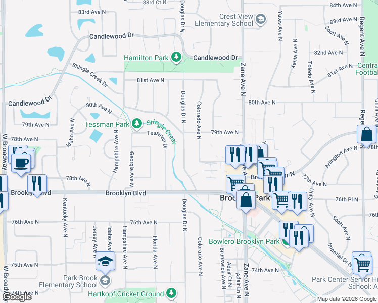 map of restaurants, bars, coffee shops, grocery stores, and more near 7821 Shingle Creek Drive in Minneapolis