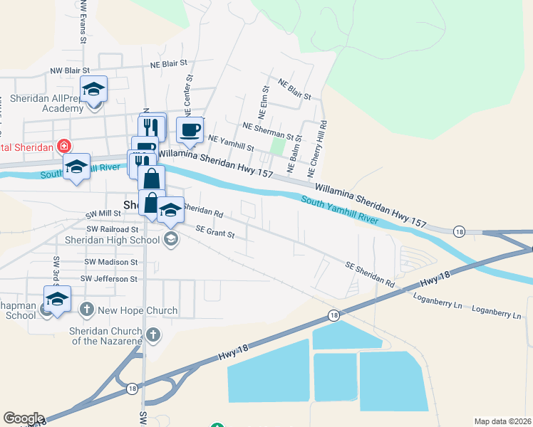 map of restaurants, bars, coffee shops, grocery stores, and more near 503 Southeast Sheridan Road in Sheridan