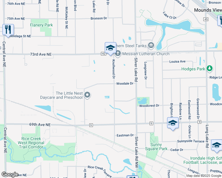 map of restaurants, bars, coffee shops, grocery stores, and more near 7111 Knollwood Drive in Mounds View