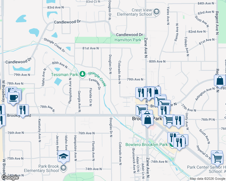 map of restaurants, bars, coffee shops, grocery stores, and more near 7816 Shingle Creek Drive in Minneapolis