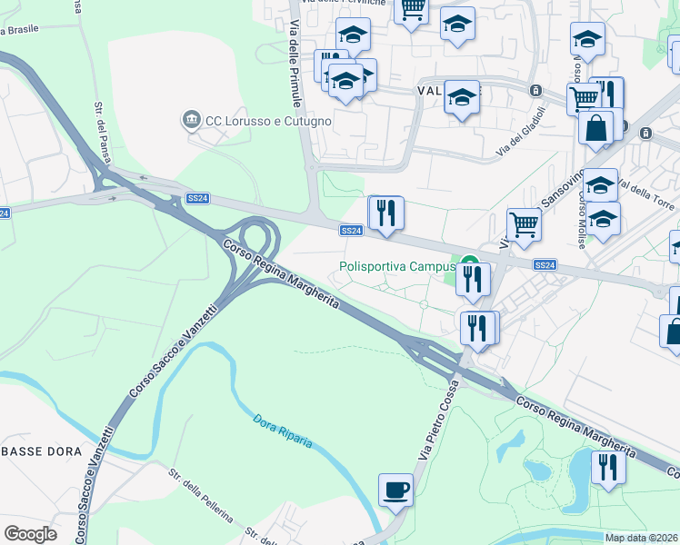 map of restaurants, bars, coffee shops, grocery stores, and more near 33 Via Pianezza in Torino
