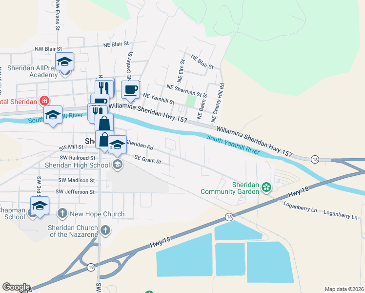 map of restaurants, bars, coffee shops, grocery stores, and more near 515 Southeast Sheridan Road in Sheridan