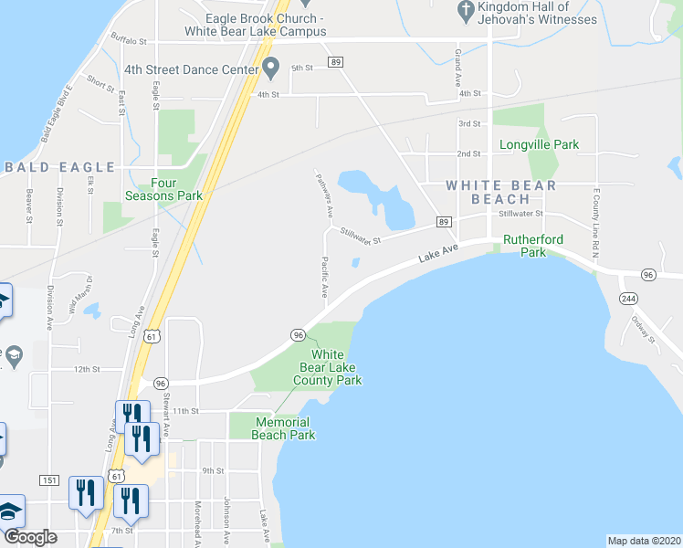 map of restaurants, bars, coffee shops, grocery stores, and more near 2453 Lake Avenue in White Bear Lake