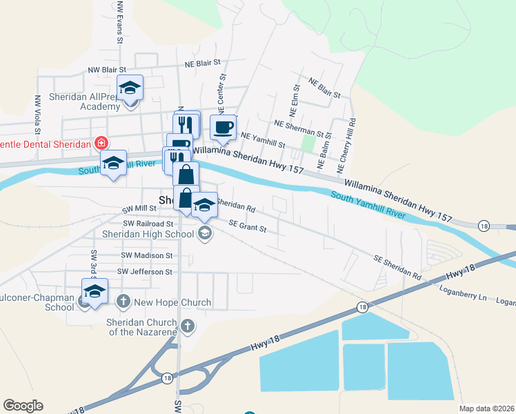 map of restaurants, bars, coffee shops, grocery stores, and more near 411 Southeast Sheridan Road in Sheridan