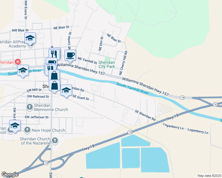 map of restaurants, bars, coffee shops, grocery stores, and more near 210 Southeast Riverside Drive in Sheridan