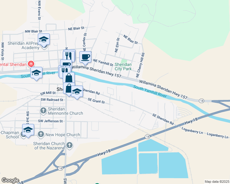map of restaurants, bars, coffee shops, grocery stores, and more near 503 Southeast Sheridan Road in Sheridan
