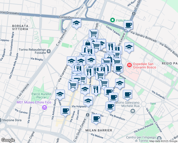 map of restaurants, bars, coffee shops, grocery stores, and more near 69 Via Renato Martorelli in Torino