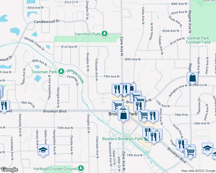 map of restaurants, bars, coffee shops, grocery stores, and more near 6240 78th Avenue North in Brooklyn Park