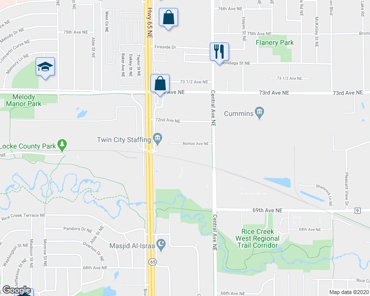 map of restaurants, bars, coffee shops, grocery stores, and more near 1232 Norton Avenue Northeast in Fridley