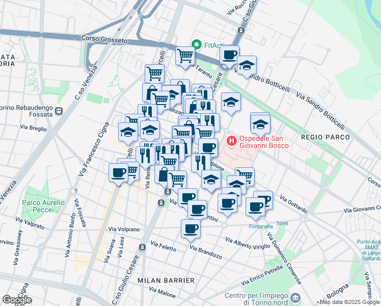 map of restaurants, bars, coffee shops, grocery stores, and more near 117-121 Via Gottardo in Torino