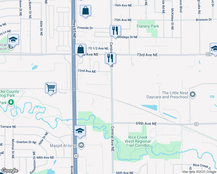 map of restaurants, bars, coffee shops, grocery stores, and more near 1287 Norton Avenue Northeast in Fridley