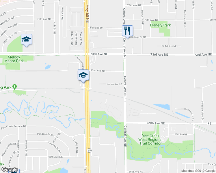 map of restaurants, bars, coffee shops, grocery stores, and more near 1245 Norton Avenue Northeast in Fridley