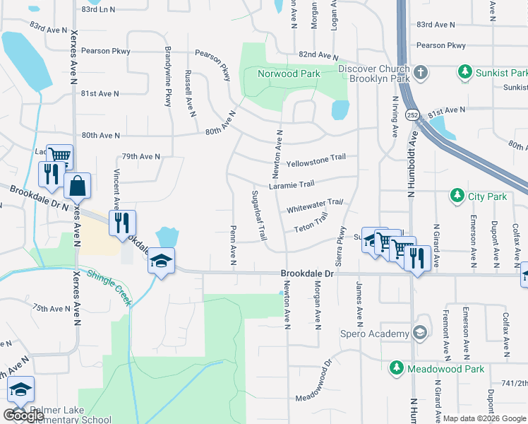 map of restaurants, bars, coffee shops, grocery stores, and more near 7841 Newton Avenue North in Minneapolis