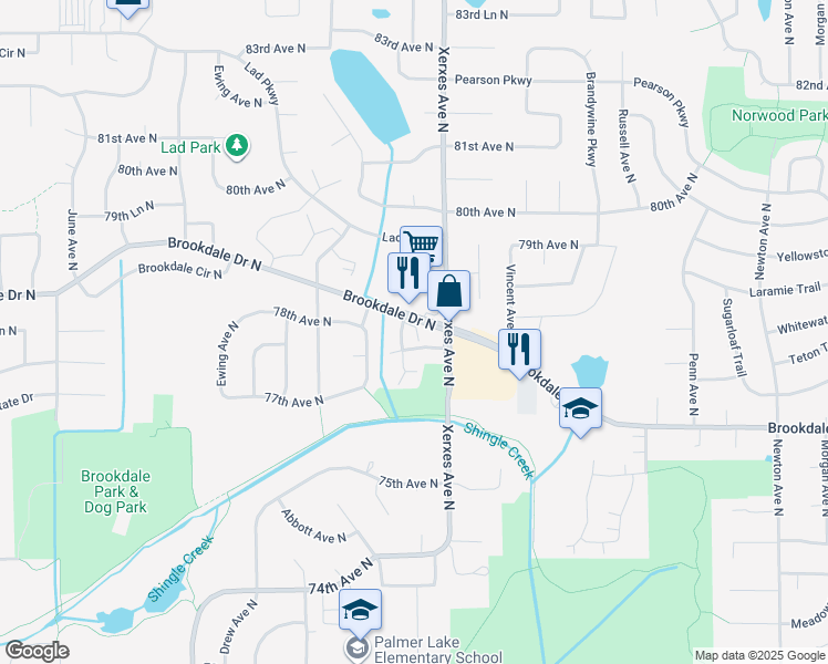 map of restaurants, bars, coffee shops, grocery stores, and more near 3200 Brookdale Drive North in Minneapolis
