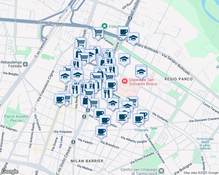 map of restaurants, bars, coffee shops, grocery stores, and more near 121 Via Gottardo in Torino