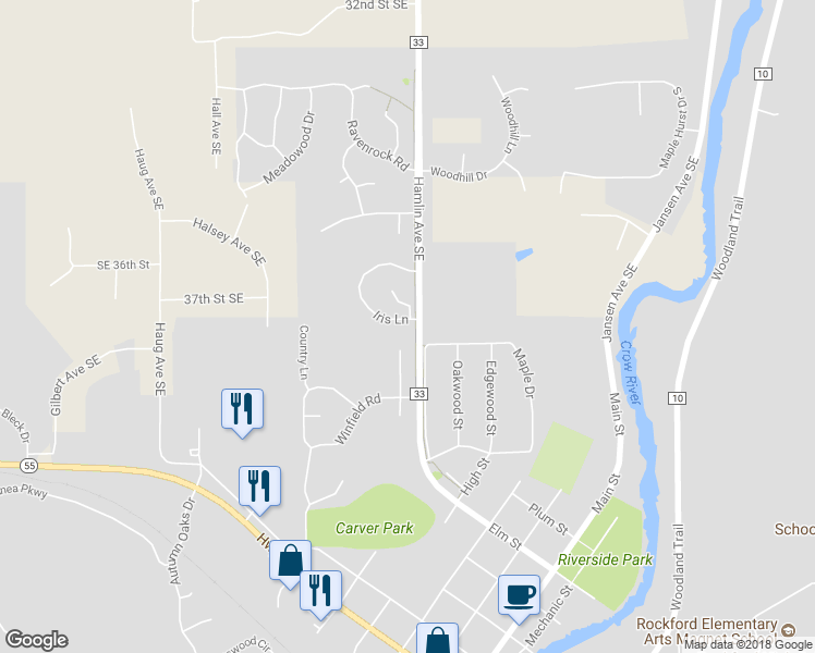 map of restaurants, bars, coffee shops, grocery stores, and more near 6002 Iris Lane in Rockford