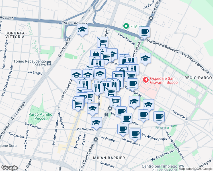 map of restaurants, bars, coffee shops, grocery stores, and more near 12 Via Enrico Cavaglià in Turin