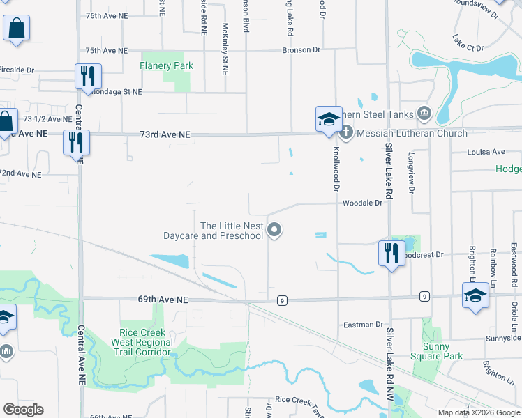 map of restaurants, bars, coffee shops, grocery stores, and more near 3025 Woodale Drive in Mounds View
