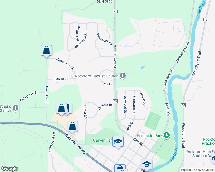 map of restaurants, bars, coffee shops, grocery stores, and more near 6008 Iris Lane in Rockford