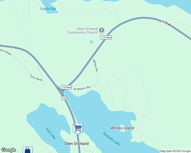 map of restaurants, bars, coffee shops, grocery stores, and more near 1018 Whites Road in Port Carling