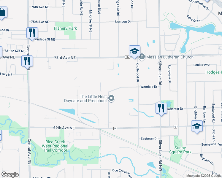 map of restaurants, bars, coffee shops, grocery stores, and more near 3025 Woodale Drive in Mounds View