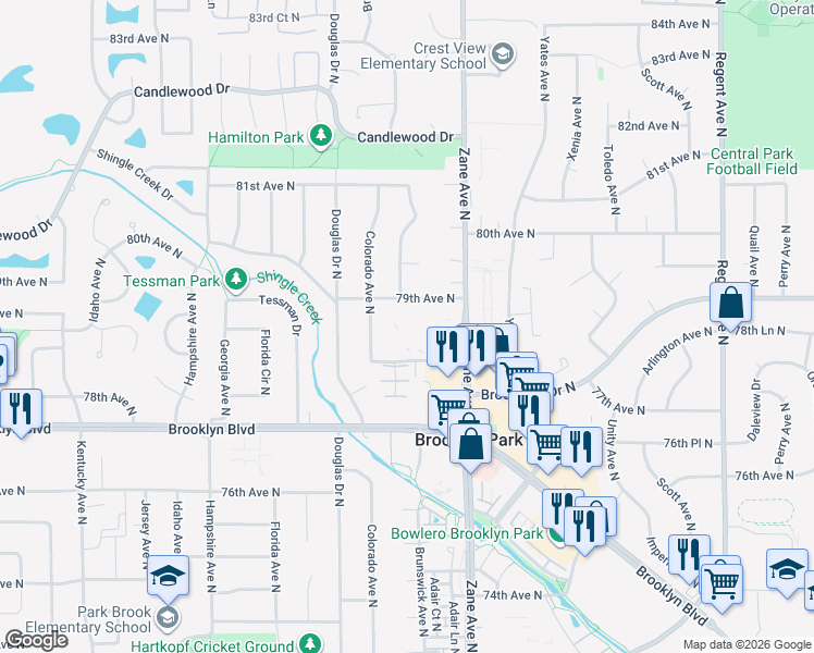 map of restaurants, bars, coffee shops, grocery stores, and more near 6240 78th Avenue North in Brooklyn Park