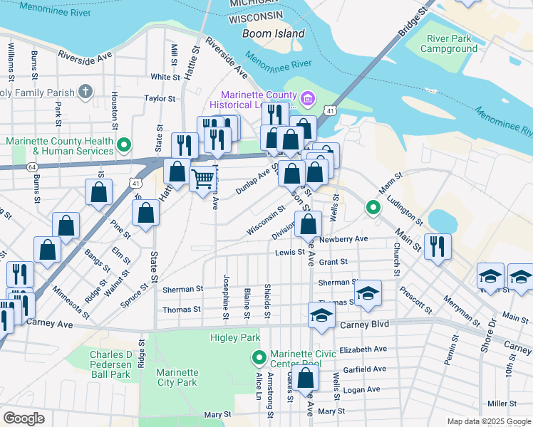 map of restaurants, bars, coffee shops, grocery stores, and more near 1826 Wisconsin Street in Marinette