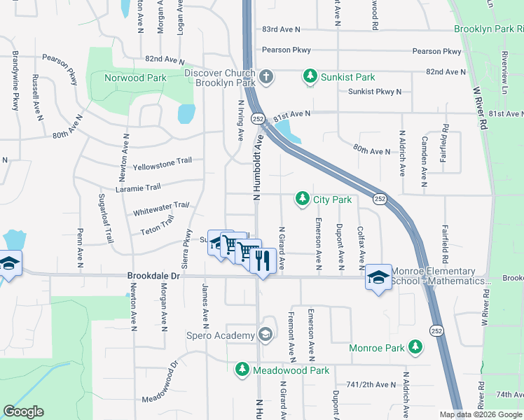 map of restaurants, bars, coffee shops, grocery stores, and more near 7832 North Humboldt Avenue in Minneapolis