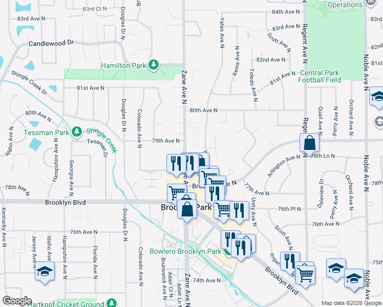 map of restaurants, bars, coffee shops, grocery stores, and more near 7870 Zane Avenue North in Brooklyn Park