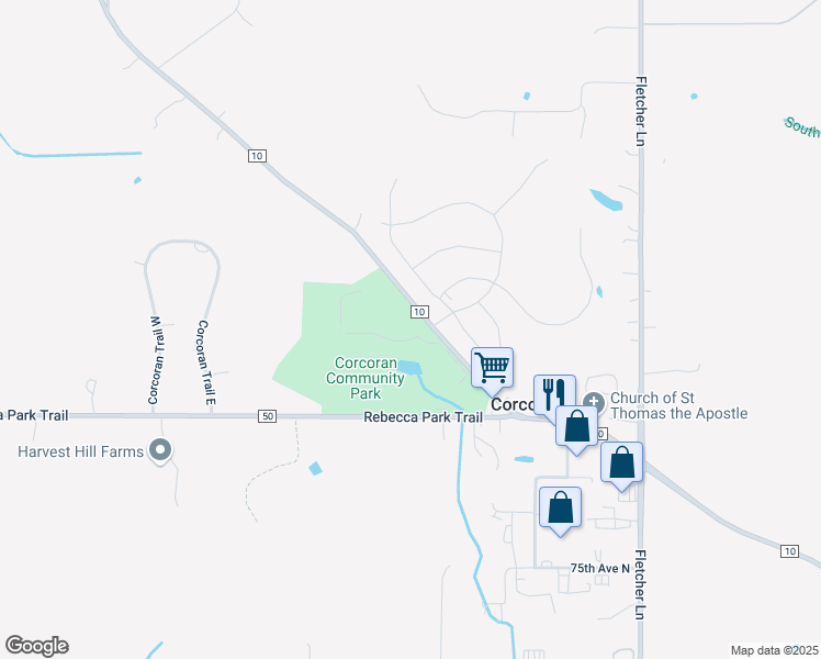map of restaurants, bars, coffee shops, grocery stores, and more near 20301 Co Rd in Corcoran