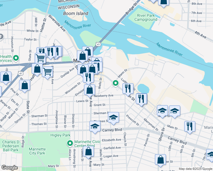 map of restaurants, bars, coffee shops, grocery stores, and more near 1531 Main Street in Marinette
